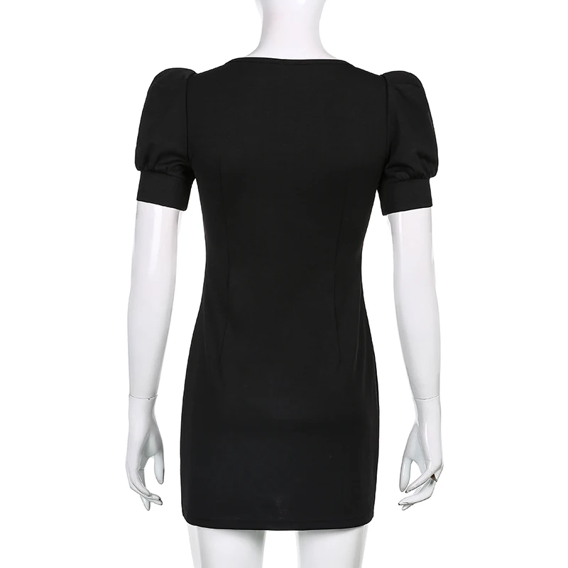 

Rockmore Black Vintage Mini Dress Women's Evening Party Dresses Short Sleeve Single Breasted Dress Female Summer Bodycon Outfit