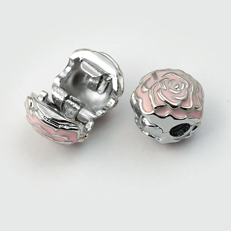 

2pcs a lot Enamel Pink flower Stopper Beads Fit For Pandora Charms Bracelet silver plated Copper Bead Round DIY European Charm
