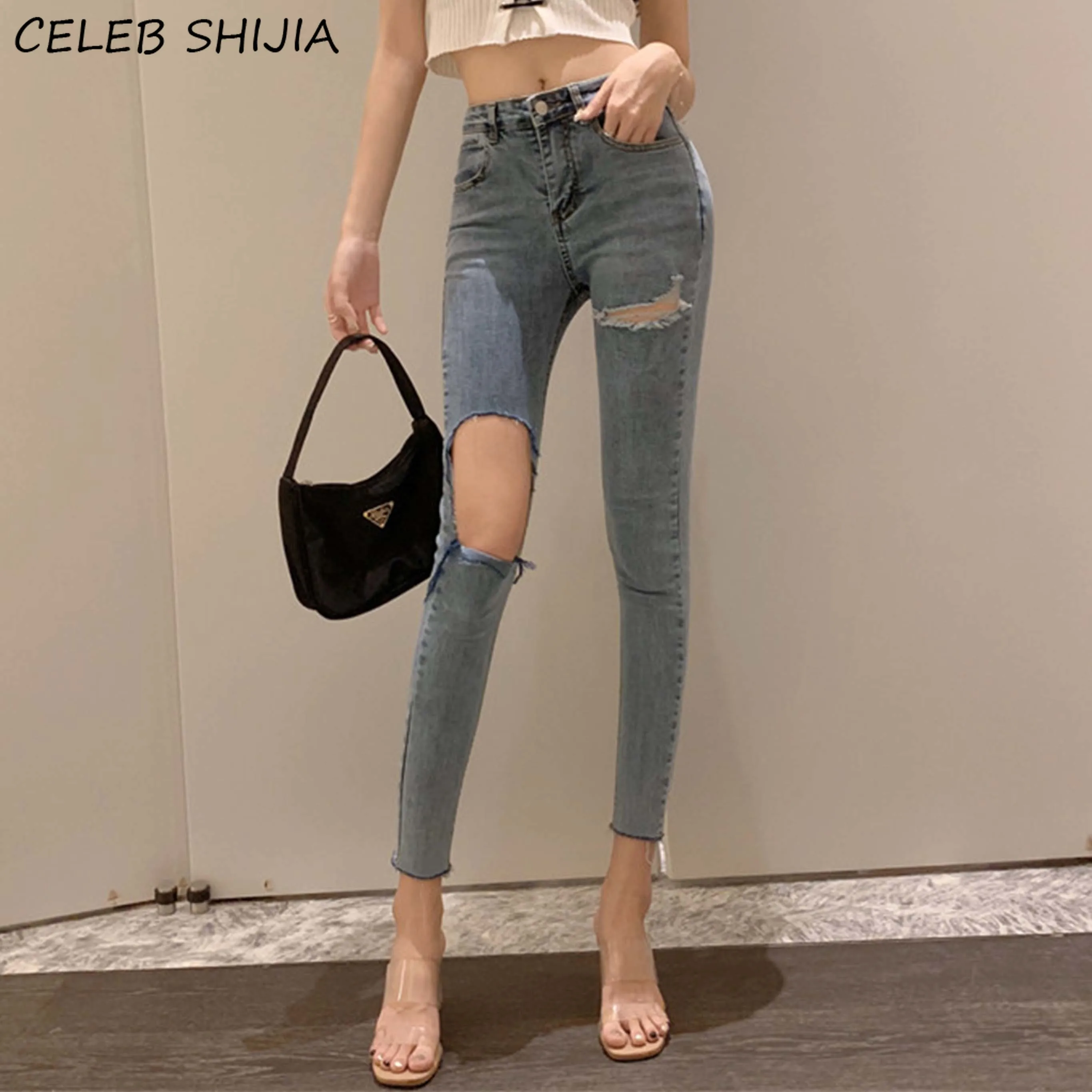 

Vintage Ripped Skinny Jeans for Woman High Waist Elastic Denim Light Blue Pencil Pants Woman Denim Hole Korean Y2k Jean Female