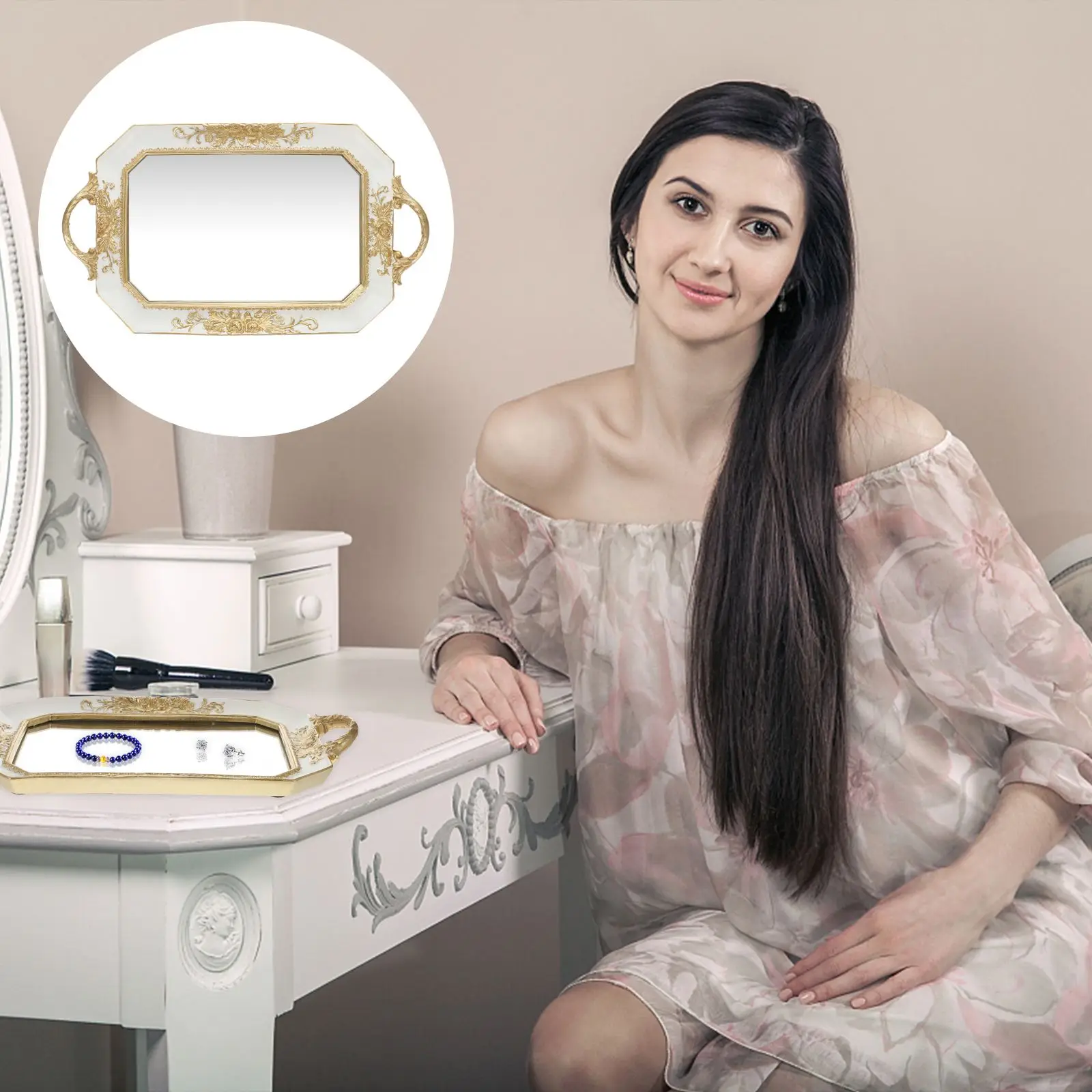 

Decorative Retro Mirror Tray Exquisite Mirror Surface Tray Photography Prop European Style Jewelry Tray Perfume Holder Tray
