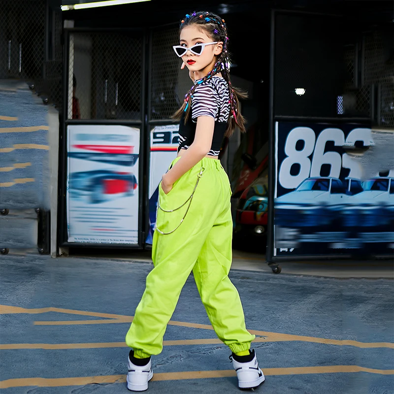 

New Hip Hop Costume For Girls Short Sleeves Tops Green Pants Summer Street Dance Outfit Jazz Performance Clothes Rave 120-170CM