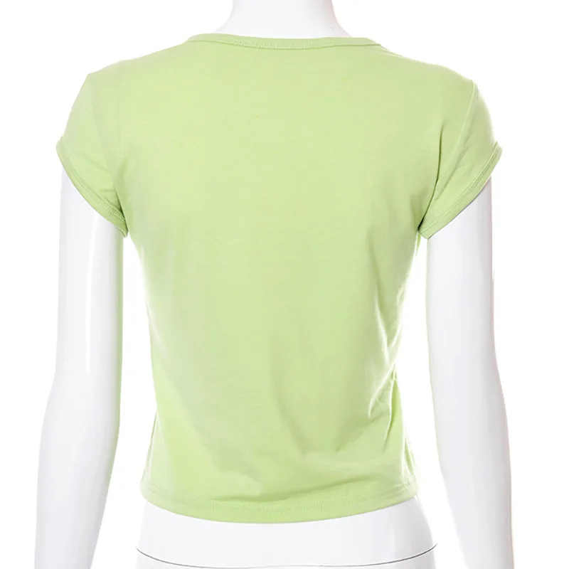 

2021 Kawaii Y2K Floral Print Green Crop Tops Fashion Cute O-neck Short-Sleeved T-shirts Streetwear 2000s Summer New Tees Shirts