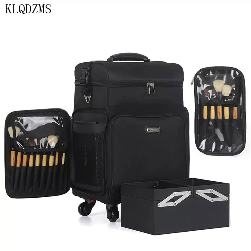 KLQDZMS Large-Capacity Oxford Cloth Travel Suitcase On Wheels With Professional Cosmetic Nail Makeup Luggage Bag