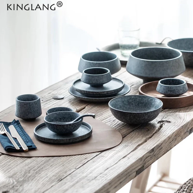 KINGLANG 1PCS Grey Ceramic Bowl Rice Plate Dish Cup Nordic Western Style Ceramic Tableware Set Marble Gray Porcelain Dishes
