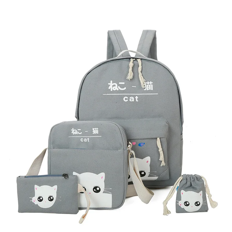 Fashion Cartoon Kitten backpack for ladies High quality canvas school bag for teen girls College 4pcs/set school backpacks