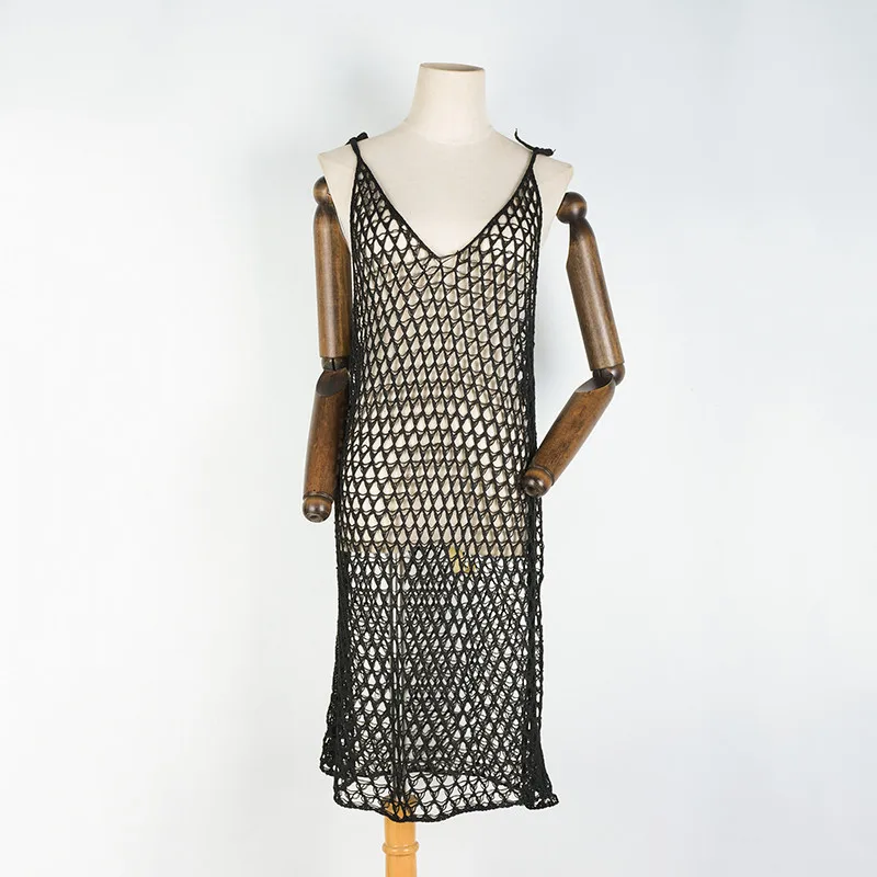 

Women Sexy Black Summer Bikini Cover Up Fashion Solid Color Hollow Backless Swimsuit Cover Up Smocks Sling Short Beach Dress