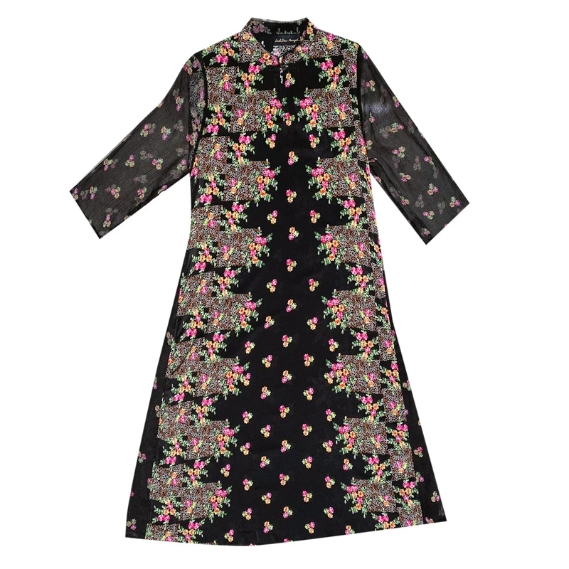 

Spring Summer Black Floral Mulberry Silk Elegant Midi Dress 2021 Vintage M-3XL Plus Size Chiffon Dress Women Party Vestidos