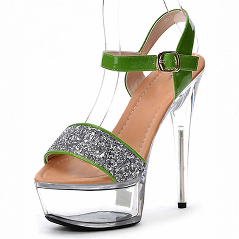 

Mclubgirl 15cm Heels Round Head Super High Heel Glitter Crystal Heel Thin Heel Nightclub Shoes Transparent Sandals LYP