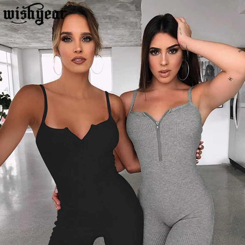 

Summer Zipper V Neck Knit Rib Bodycon Playsuit Fitness Sportswear Sleeveless High Street Sport Biker Biker Shorts Romper