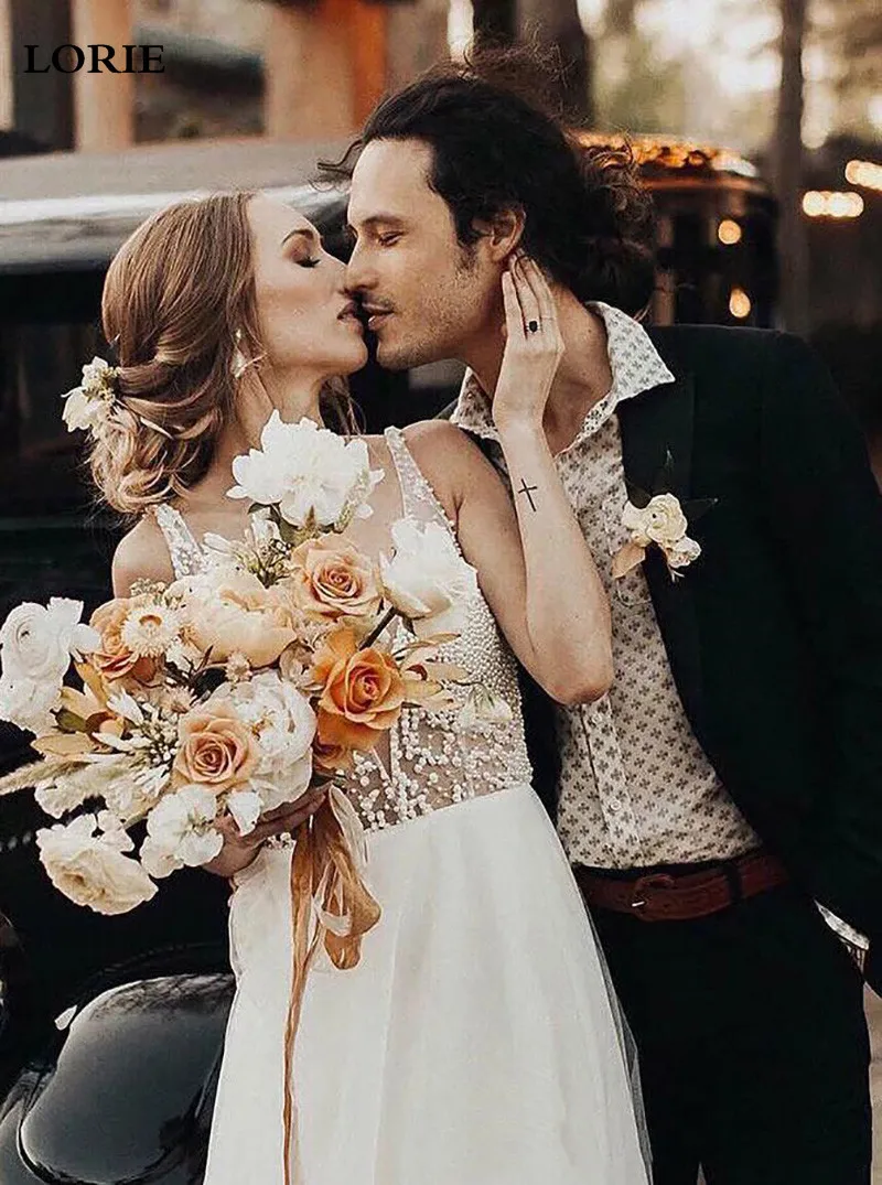 Свадебное платье LORIE а-силуэта в стиле бохо с жемчугом невесты 2020 длинное