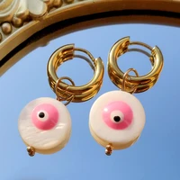 boho pink evil eye round hoop earrings stainless steel circle earrings for women natural shell turkish eye ear ring y2k jewelry