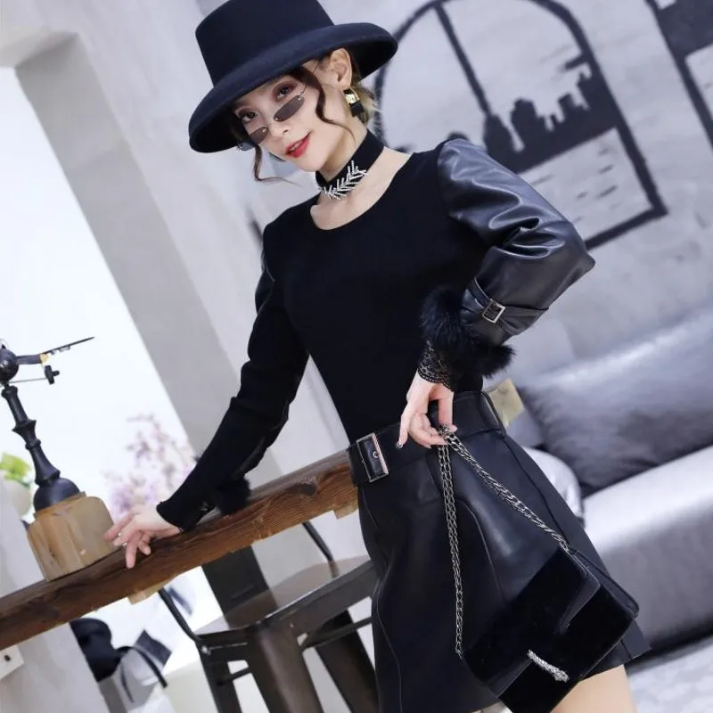 

New Womens Sheepskin Knitted Pullover Office Lady Short Slim Lace O-Neck Spliced Genuine Leather Long Sleeves Fashion Sweater