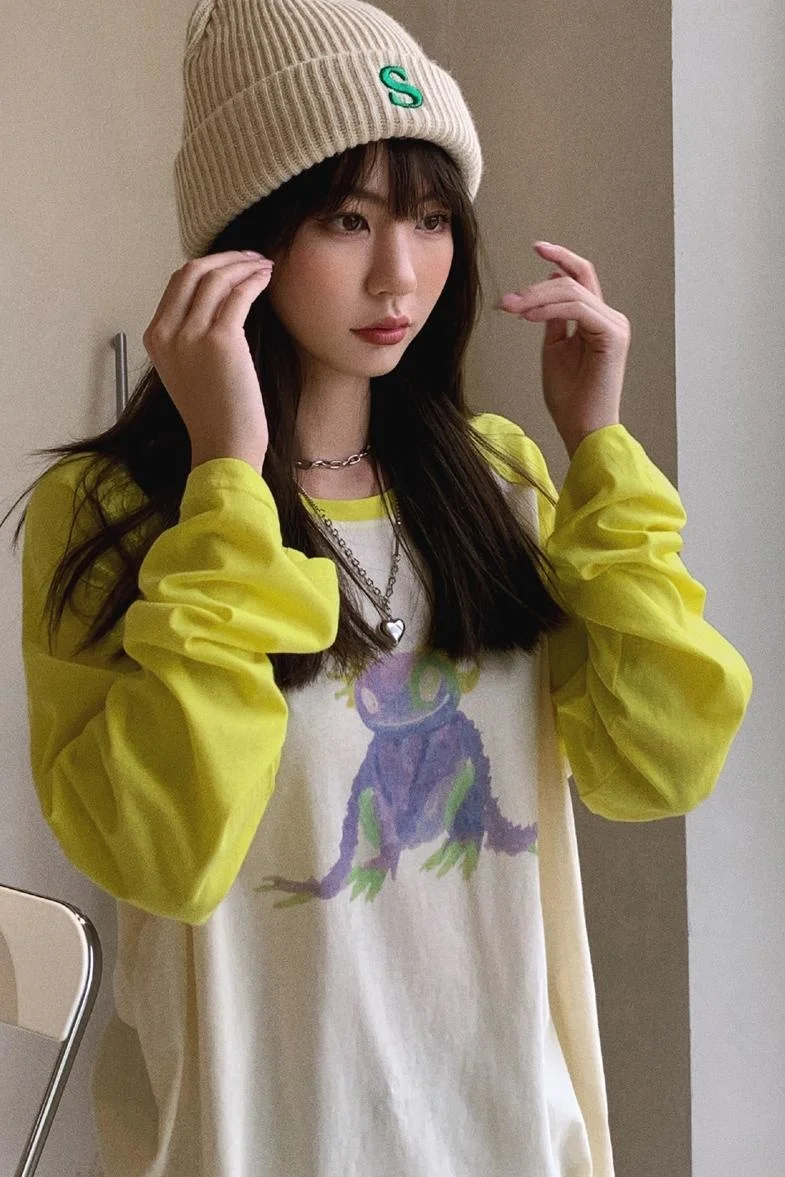 

Yellow Patchwork Long Sleeve T-shirt Women's Autumn 2021 Cartoon Cool Chic Loose Cotton Top Tshirt T Shirt Harajuku
