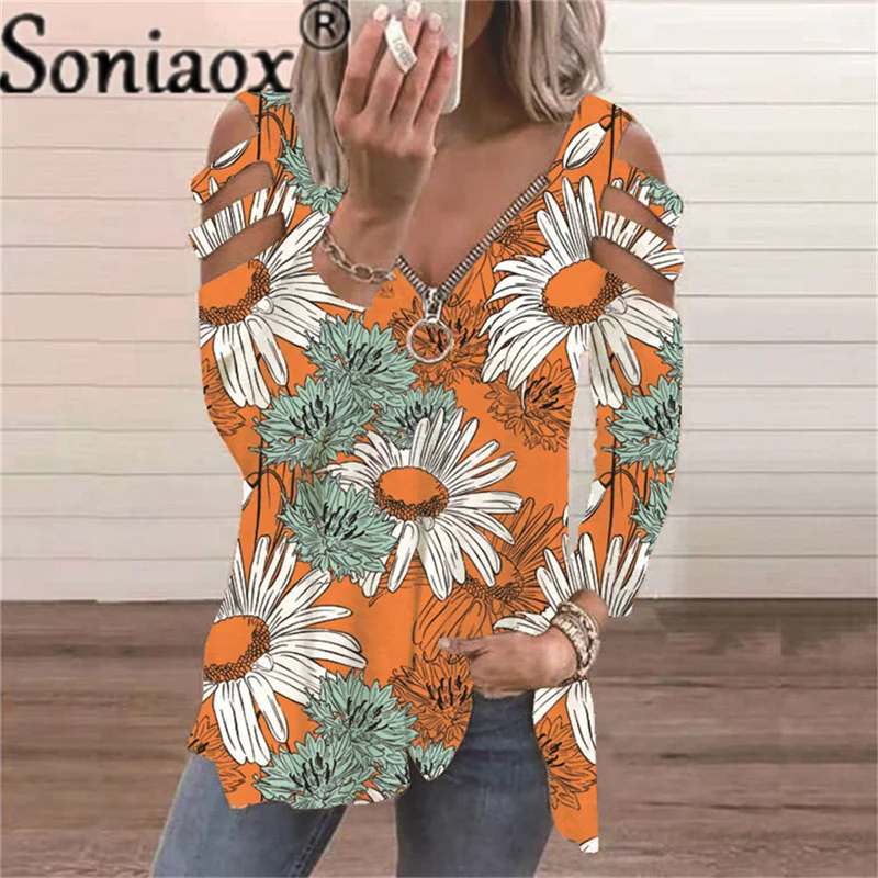 

2021 Summer Women T-Shirt Fashion Urban Leisure New Loose Zipper Pullover V-Neck Printing Irregular Stitching Short-Sleeved Top