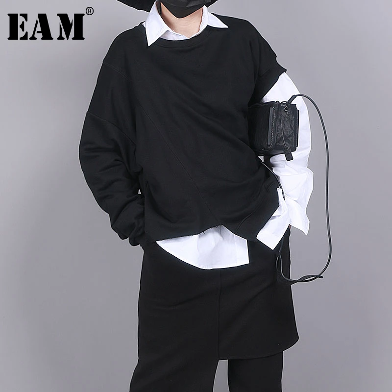 [EAM] Женская Черная Асимметричная футболка большого размера новая модная с