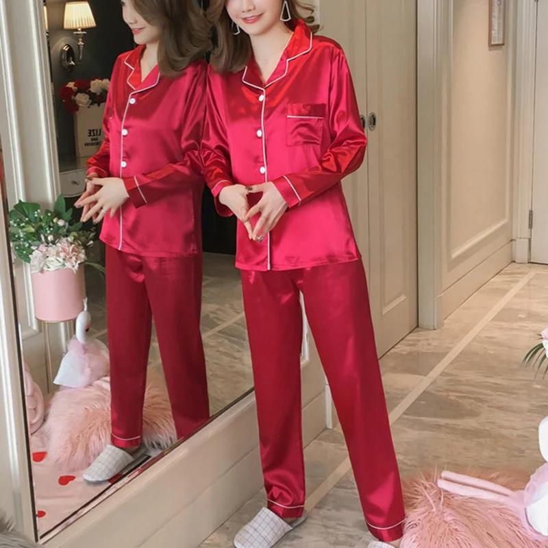 Female Homewear Autumn Spring Women Sleepwear 2 Piece Faux Silk Satin Pajamas Set Long Sleeve Top + Pants Suit | Женская одежда
