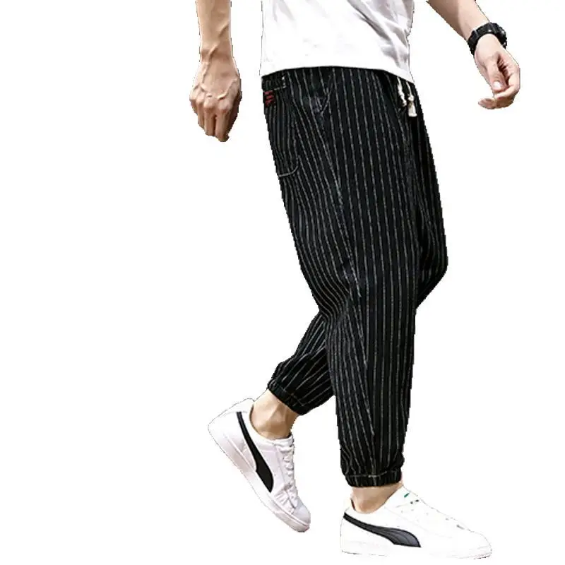 

Новые мужские шаровары в полоску со шнуровкой и эластичной резинкой на талии, Молодежные свободные брюки большого размера длиной до щиколо...