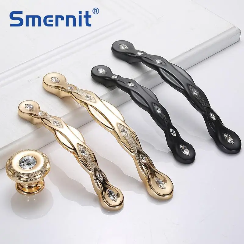 Золотые дверные ручки и для кухонного шкафа цинковый сплав украшенный стразами