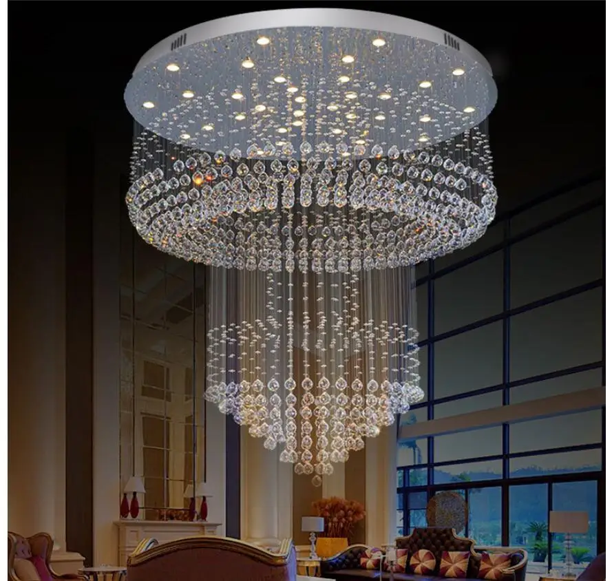 

Stainless Steel Living Room K9 Crystal Suspended Lamps Hotel Hall Pendant Lights stairs Big Fixtures D80cm H80cm GU10 Hangings
