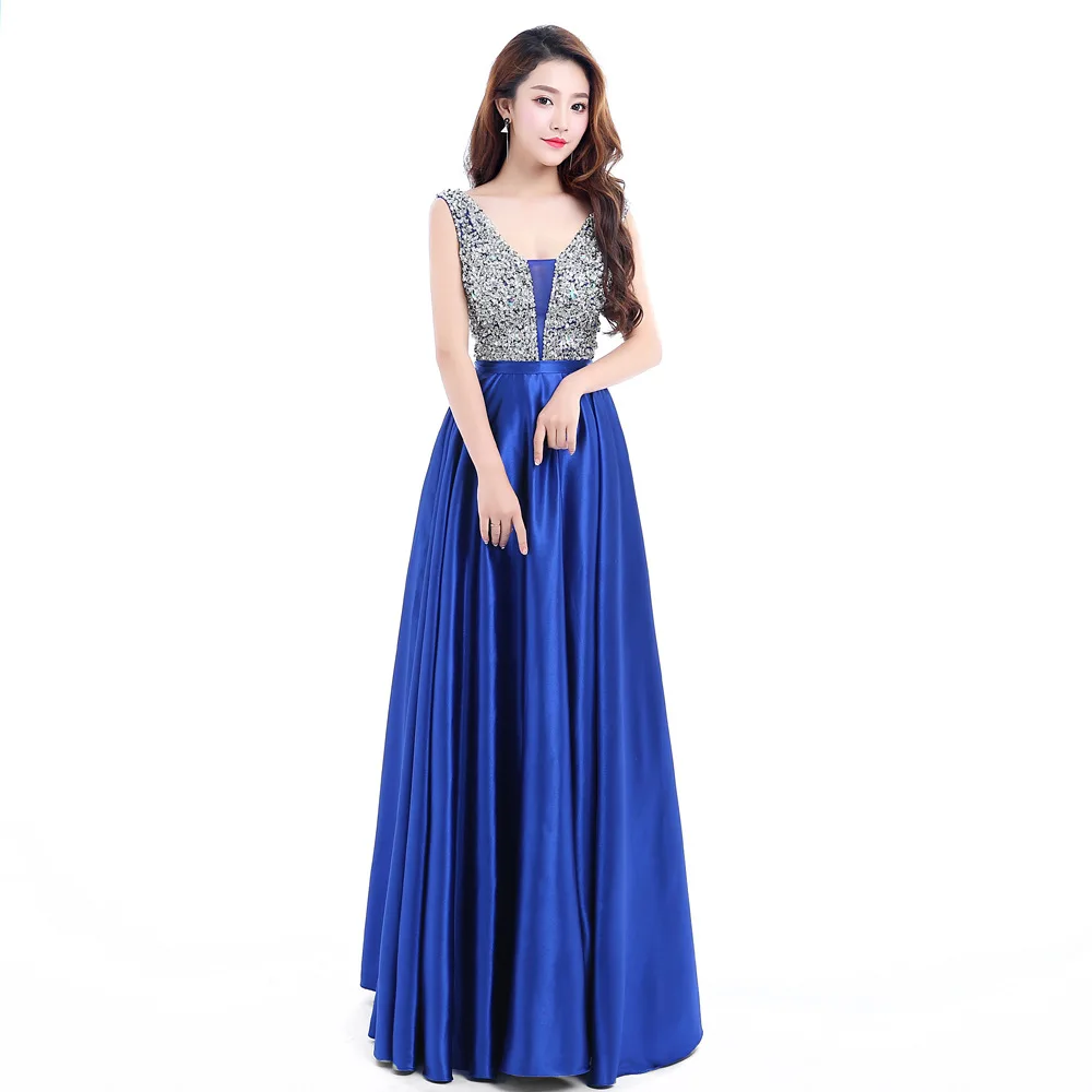 

New Arrival Blue Contrast Color Floor Length Sexy V Neck Satin Evening Dress Vestido Largo De Noche