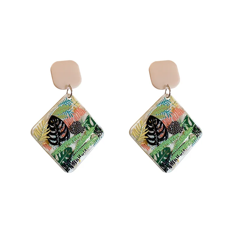 

LOVOACC Korean Style Flowers Leaves Pattern Arcylic Earrings for Women Large Rhombus Geometric Resin Dangle Earrings Oorbellen