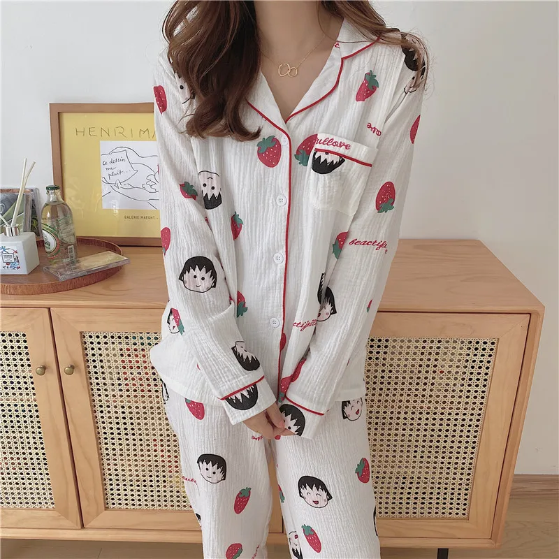

Sweet cartoon cute double layer cotton lapel cardigan gauze pajamas women's spring and autumn home service cotton pajamas