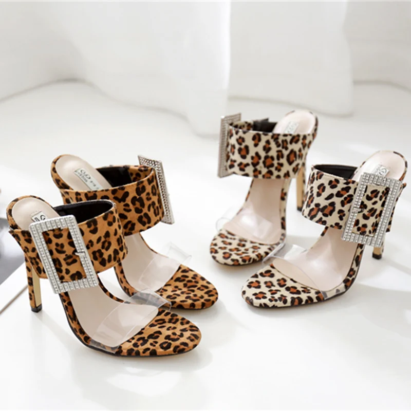 Женские босоножки в римском стиле туфли без задника с леопардовым принтом