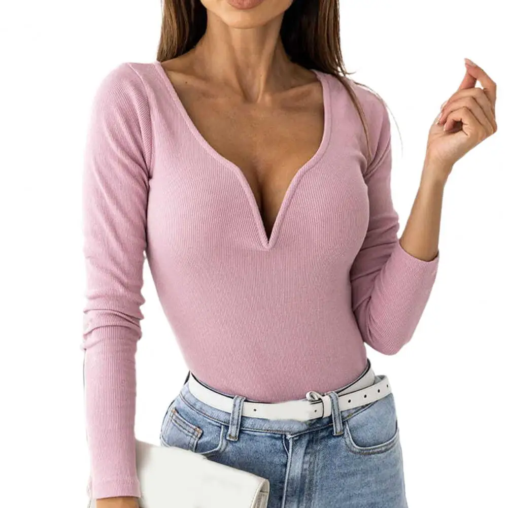 

Casual Women Blouse V Neck Slim Commute Style Solid Color Ribbed Long Sleeve Top for Going Out blouse women elegant Black 2XL