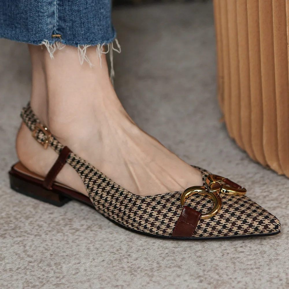 

Women's genuine leather fabric patchwork pointed toe slip-on flats single shoes metal buckle slingback summer casual sandals hot