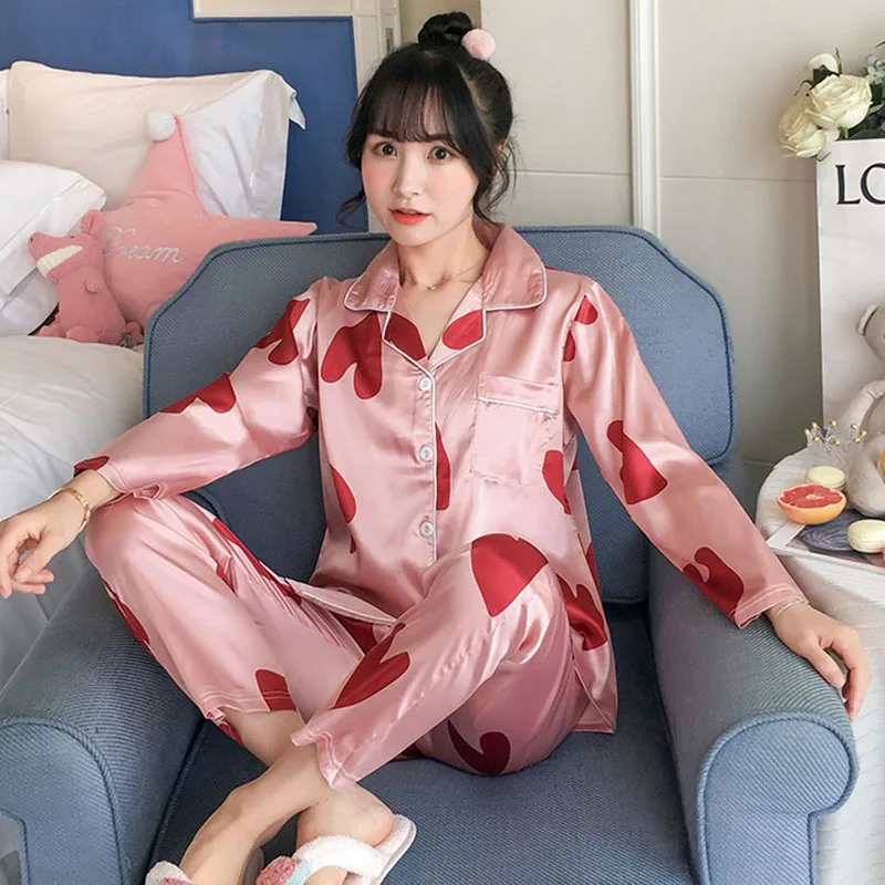 Модная женская одежда для сна из искусственного шелка весенне-осенний комплект с