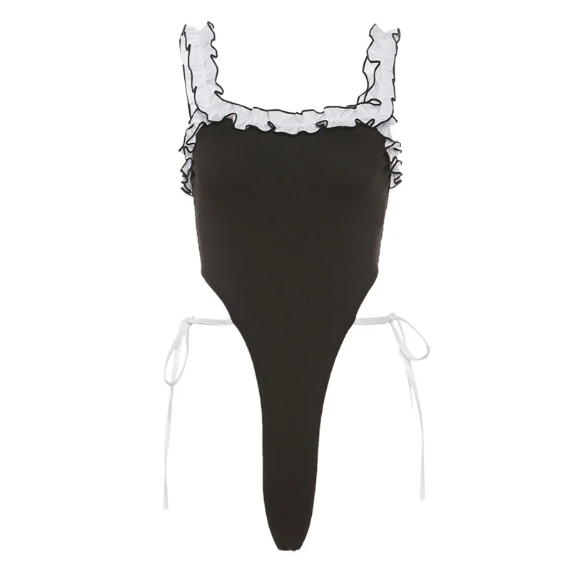 

European and American Style 2021 Summer New Women's Clothing Temperament SEXY LACE SLING Sleeveless Tight Solid Color One-piece