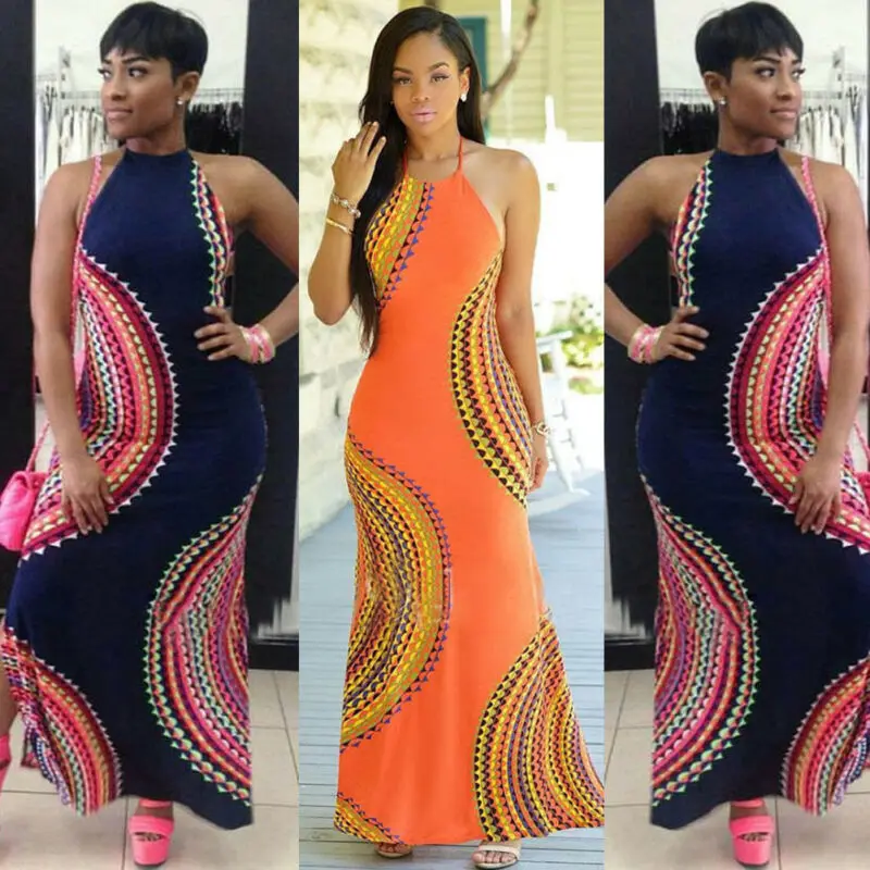 Новое модное женское платье с лямкой на шее вечернее без рукавов длинное принтом