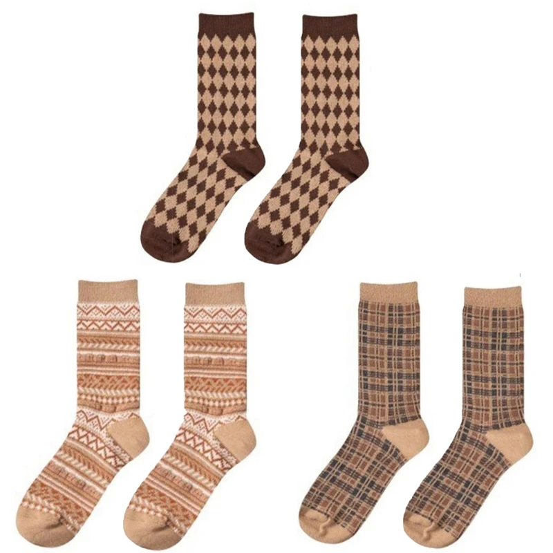 

Women Autumn Thicken Warm Crew Socks Japanese College Style Geometry Striped Argyle Plaid Pattern Harajuku Tube Hosiery