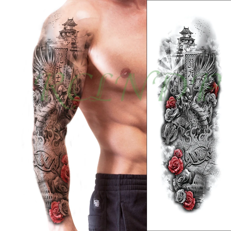 Водонепроницаемая Временная тату-наклейка цветок воин Дракон башня китайская