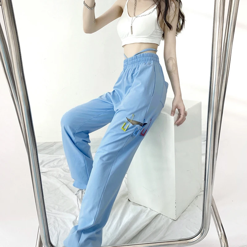 

Rapcopter Y2K Pin Patched Cargo Pants High Waist Baggy Pants Hole Trendy Trousers Women Casual Streetwear 90s Sporty Sweatpants