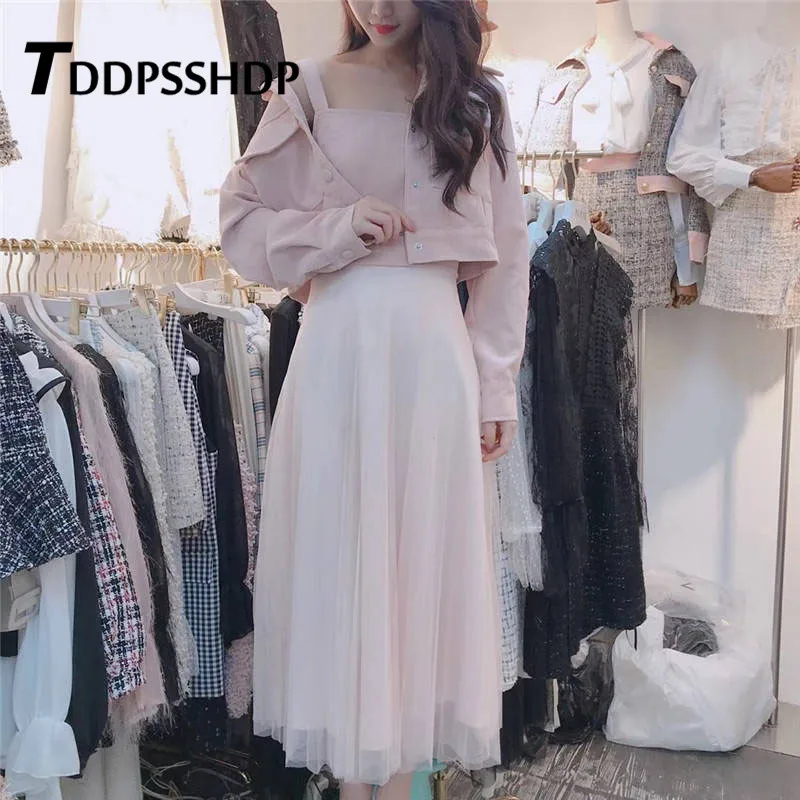 Женское платье абрикосового синего и розового цветов весеннее платье-двойка 2019