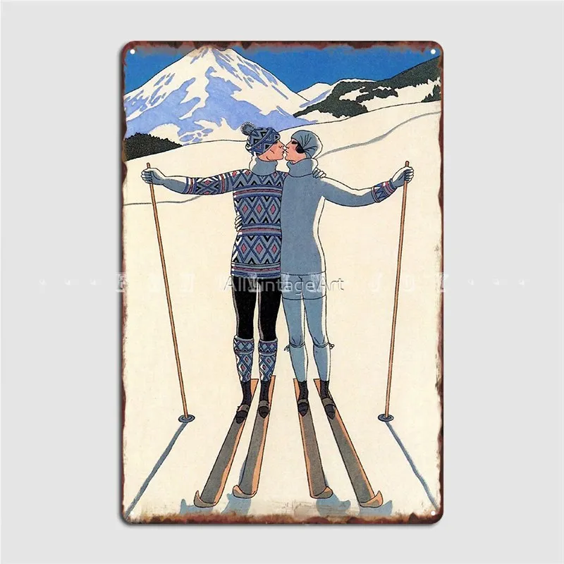 

Vintage George Barbier Couple Skiing 1925 Fine Art Poster Metal Plaque Club Cinema Customize Mural Painting Tin Sign Poster