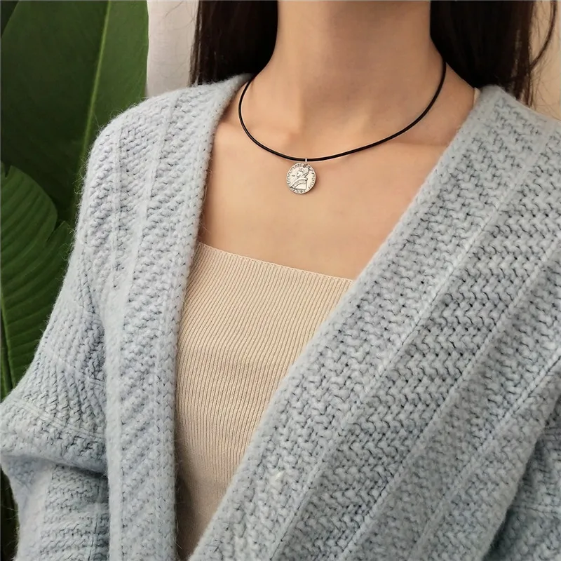 

POFUNUO Real 925 Sterling Silver Women Vintage Head Portrait Coin Pendant Necklace Distressed Black Leather Rope Niche Chokers