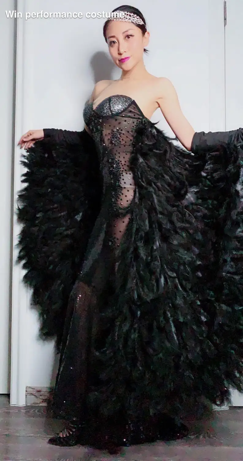 Блестящее посылка но-белое платье стразы с перьями для вечеринки | Китайский