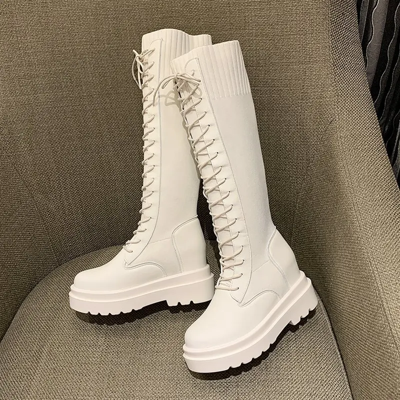 

Timalina Women Boot Winter Platform Knee High Boots Women Autumn Height Increasing Long Boots Woman Square Heel Round Toe