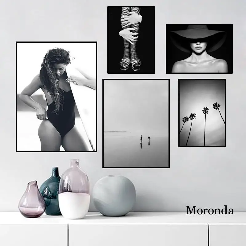 

Black and White Seascape Wall Art Canvas Painting Nordic Posters and Prints Sexy Women Wall Pictures for Living Room Decor