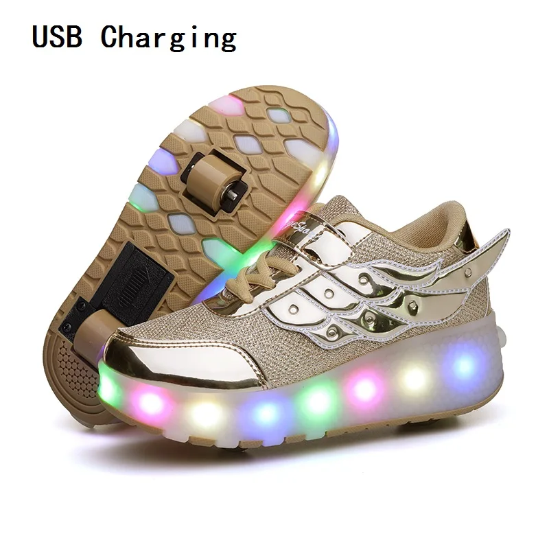 Дети один два колеса светящиеся кроссовки Золотой Розовый Светодиодный светильник роликовые коньки обувь дети Led обувь для мальчиков и девочек usb зарядка - Цвет: Two wheels USB Gold