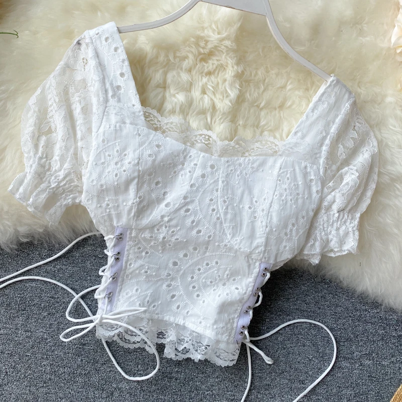 Новинка 2020 Женская шикарная супер милая кружевная блузка с пышными рукавами и