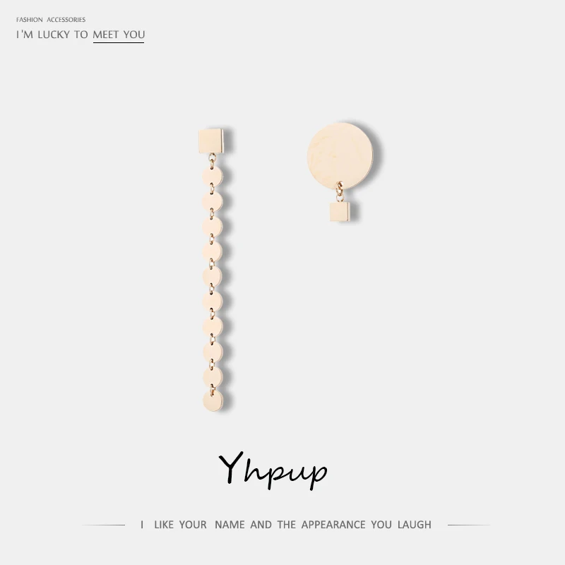 Yhpup Trendy Brand Asymmetry Round Geometric Dangle Earrings Long Chain Temperament Earrings for Women Party Jewelry Gift