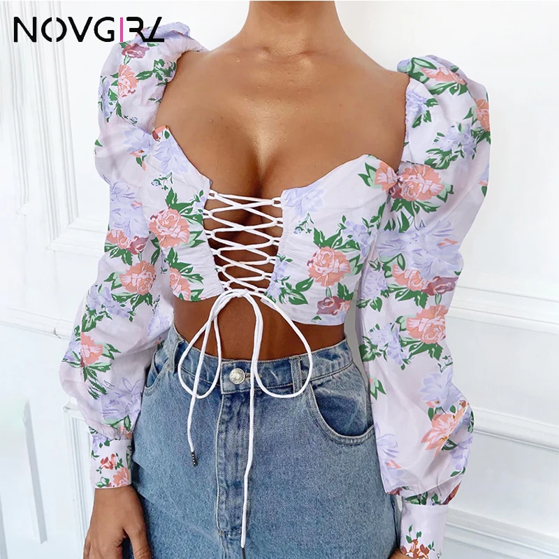 Novgirl/женские короткие топы на шнуровке с цветочным принтом коллекция 2019 года