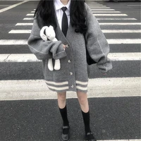 deeptown preppy fashion stripe knitted oversize cardigan sweater women grey korean style harajuku jumper female casual winter