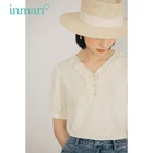INMAN, летний женский топ, винтажный, Ретро стиль, элегантный, леди, кружевной вырез, декоративная жемчужная пуговица, чистый цвет, женская футболка с коротким рукавом