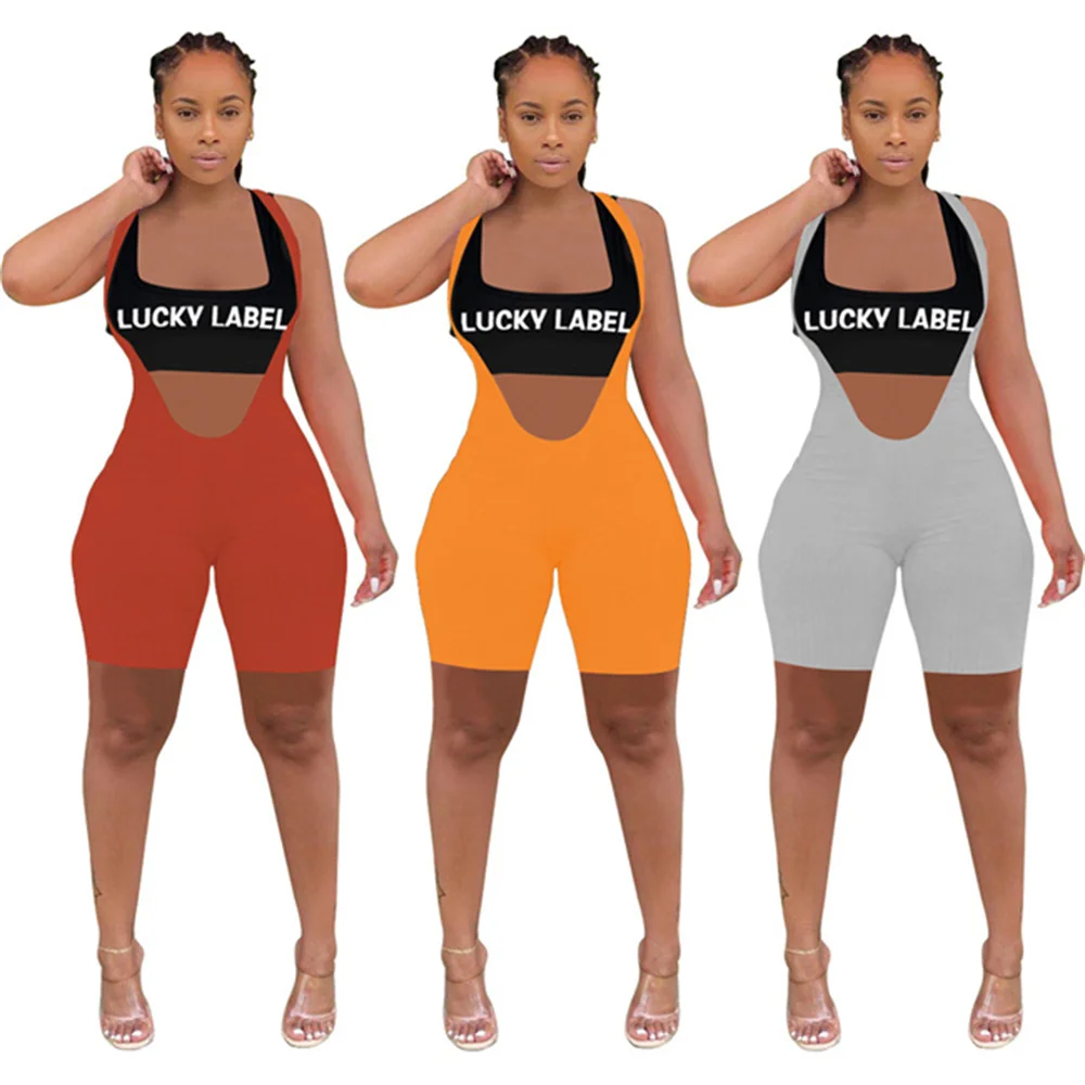 

RStylish 2021 Summer Letter Print Sleeveless Crop Top Romper Shorts Streetwear Women Two Piece Set