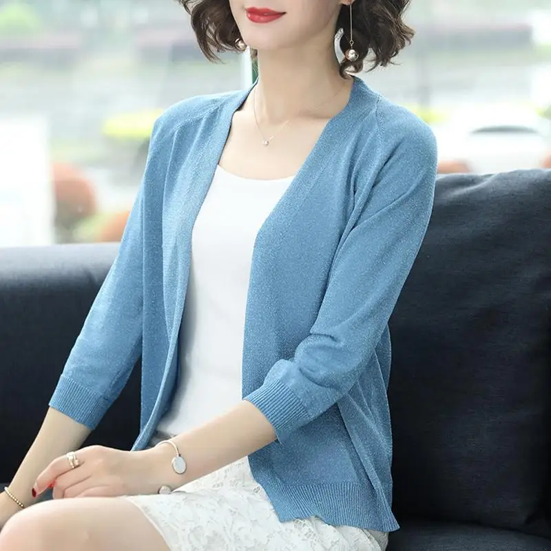 

PEONFLY Fashion 2022 Spring Sweater Women Shinny Solid Color Knitted Cardigans Casual Long Sleeve Coat V Neck Women Jumper Blue