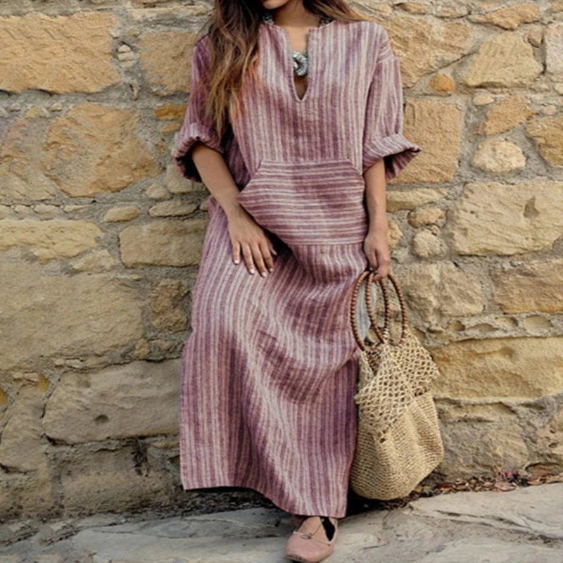 CHICEVER Vintage Striped Dress For Women V Neck Half Sleeve Loose Plus Size Autumn Long Dresses Female Clothes Fashion New | Женская